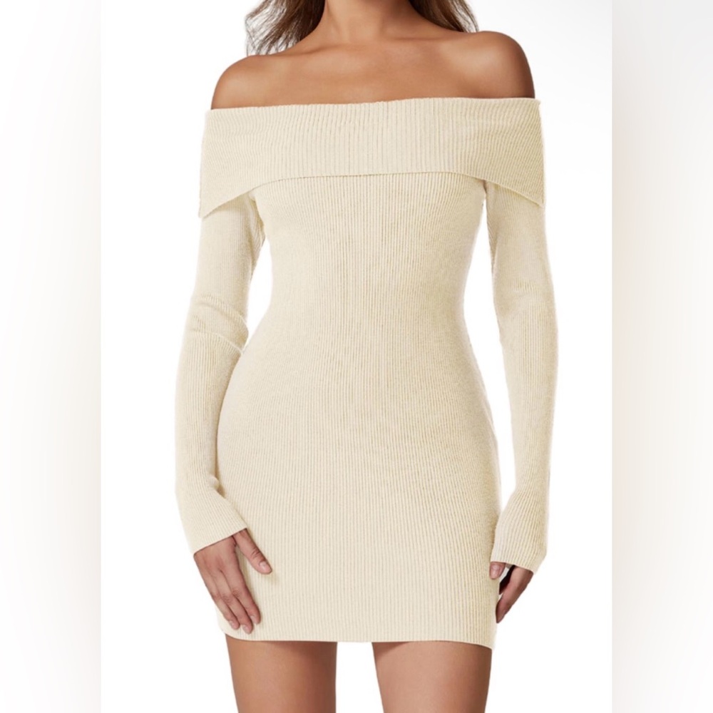 Bodycon‎ Knit Off-Shoulder Long-Sleeve Mini Sweater Dress - Cream - Size S
